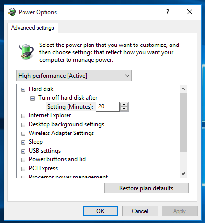 advanced power options windows 10